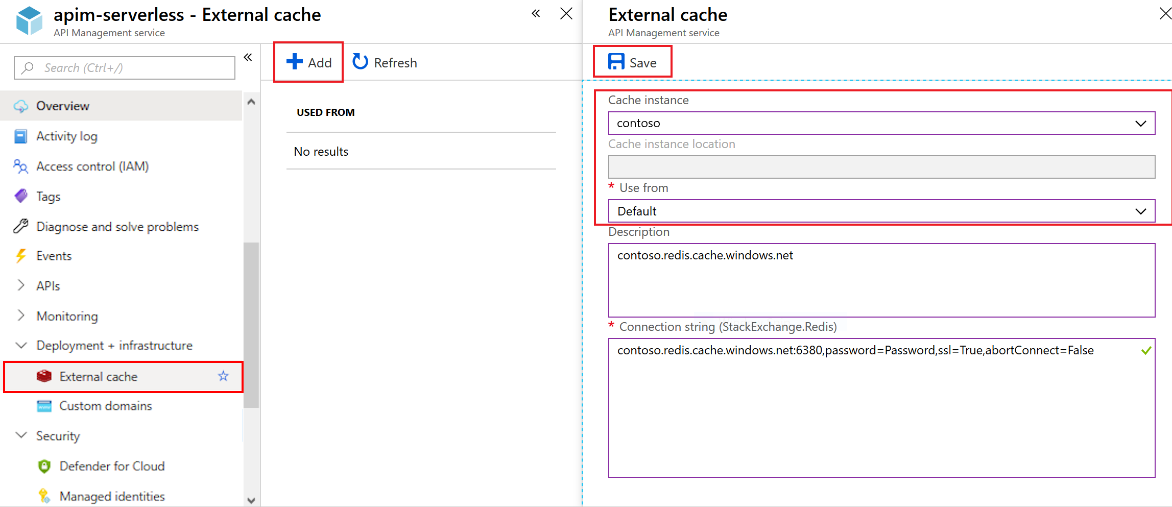 Screenshot des Hinzufügens einer externen Azure Cache for Redis-Instanz in Azure API Management