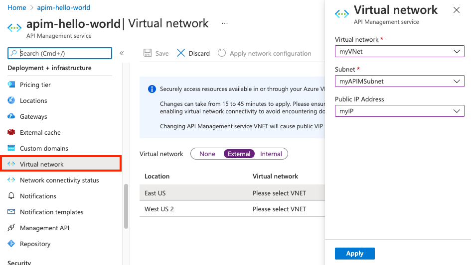 VNet-Einstellungen im Portal.