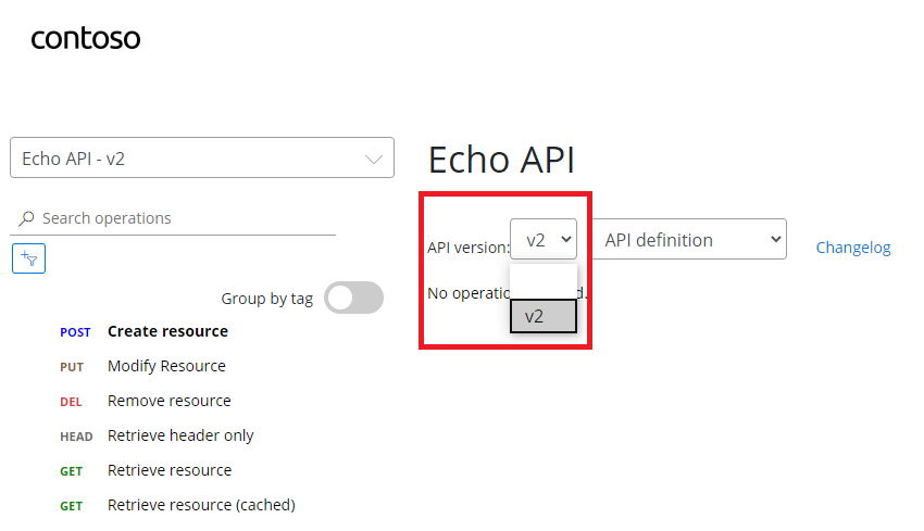 API Management-Entwicklerportal mit den Details einer API und einer Liste der Versionen dieser API