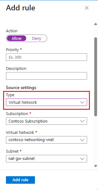 Screenshot: Bereich „Add IP Restriction“ (IP-Einschränkung hinzufügen) mit Auswahl des Typs „Virtual Network“