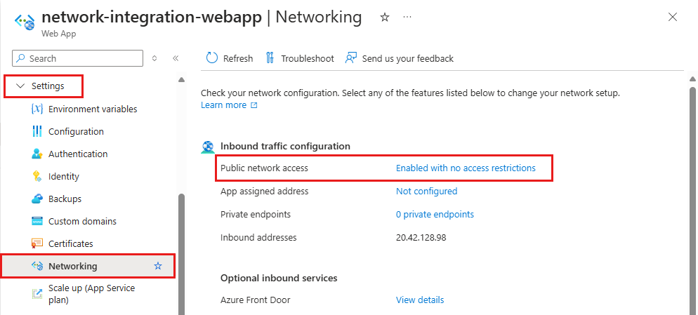 Screenshot: App Service-Seite mit Netzwerkoptionen im Azure-Portal.