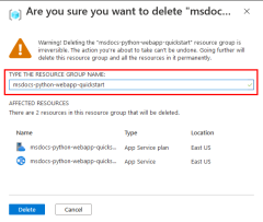 Screenshot: Bestätigungsdialogfeld für das Löschen einer Ressourcengruppe im Azure-Portal