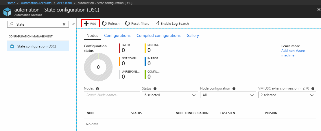 Screenshot der Seite „DSC-Knoten“ mit hervorgehobener Schaltfläche „Azure-VM hinzufügen“