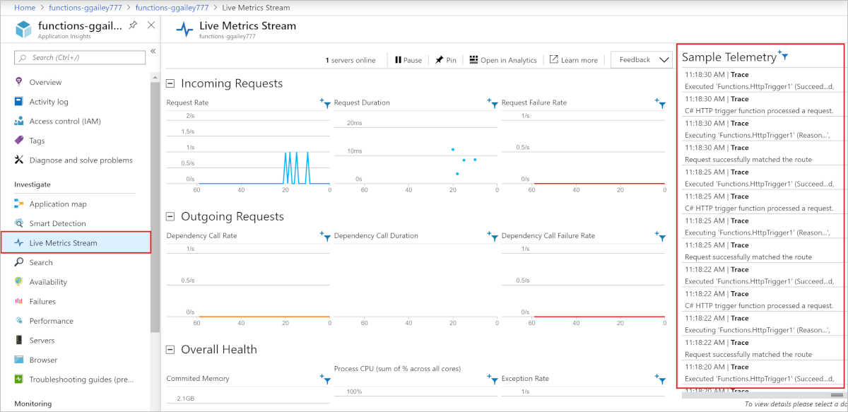 Anzeigen von Live Metrics Stream im Portal