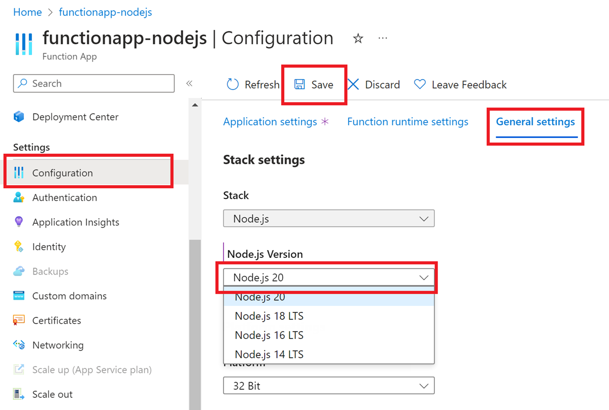 Screenshot: Festlegen der gewünschten Node.js-Version für eine Funktions-App im Azure-Portal