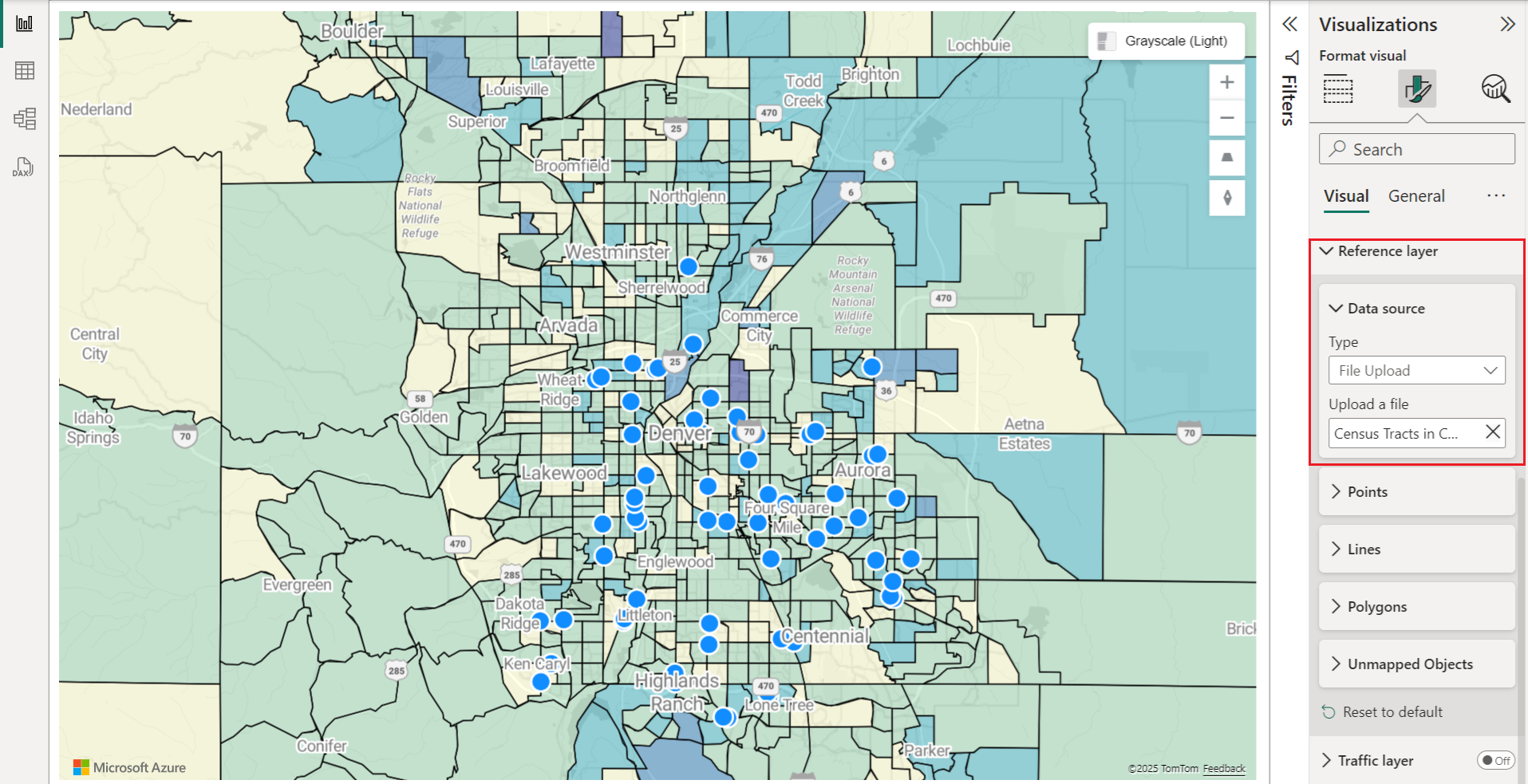 Karte mit Volkszählungsdaten von 2016 für Colorado, farblich gekennzeichnet nach Einwohnerzahl, als Referenzebene