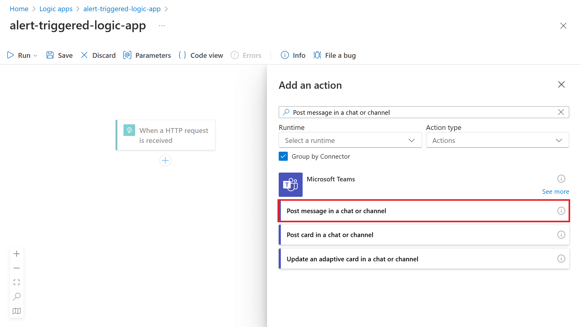 Screenshot: Seite „Aktion hinzufügen“ des Designers für Logic Apps mit ausgewähltem Microsoft Teams