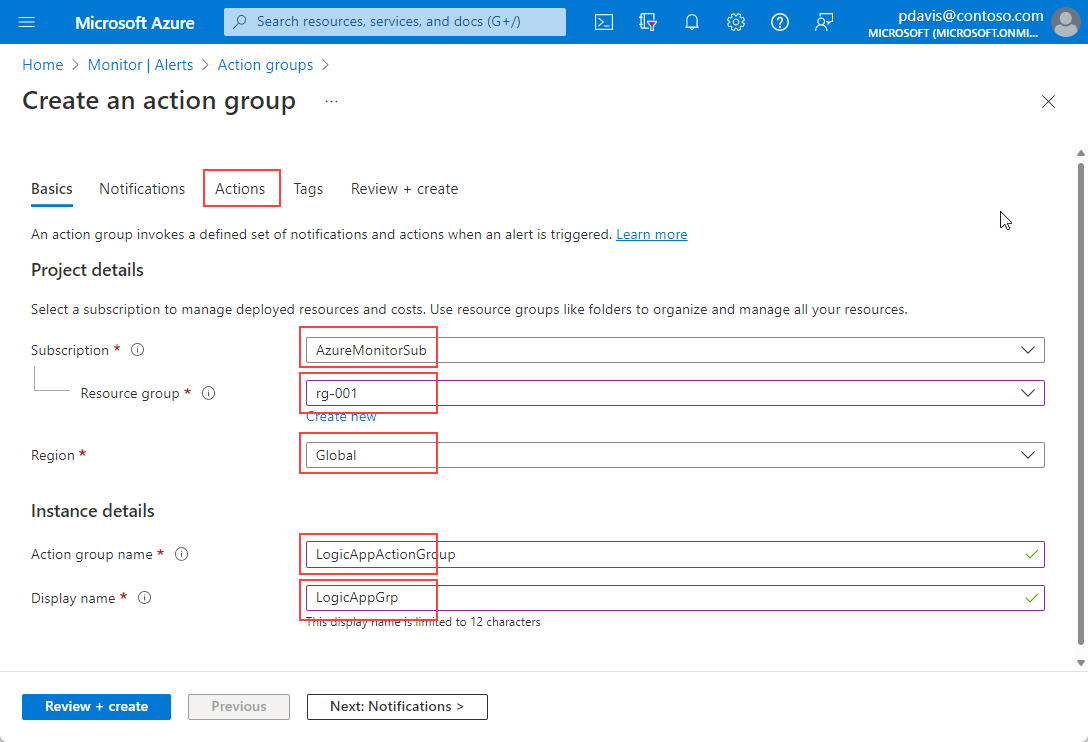 Screenshot: Registerkarte „Aktionen“ auf der Seite „Aktionsgruppe erstellen“