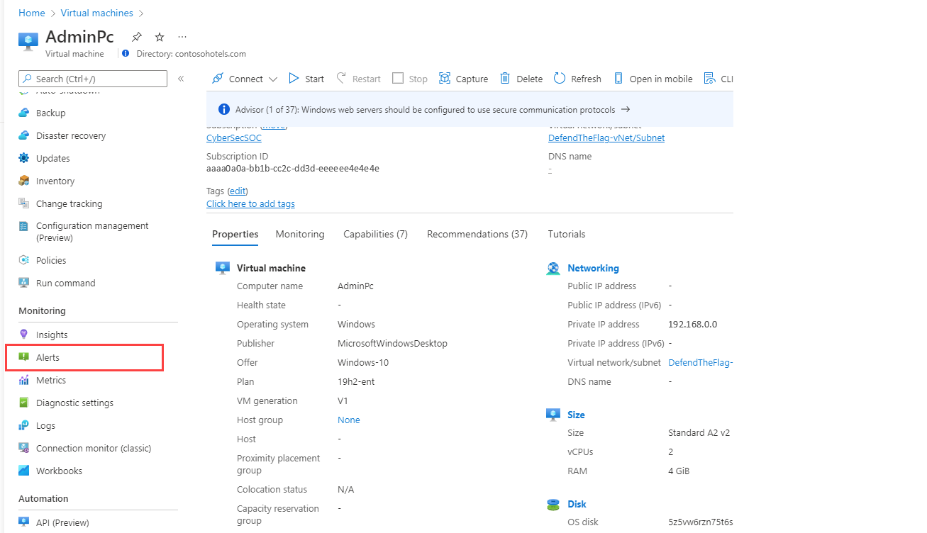 Screenshot zeigt „Warnungen“ im Menü einer Ressource im Azure-Portal.