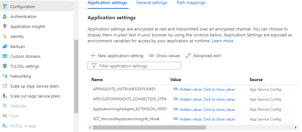 Screenshot: Anwendungseinstellungen des App Service mit den verfügbaren Einstellungen für Application Insights