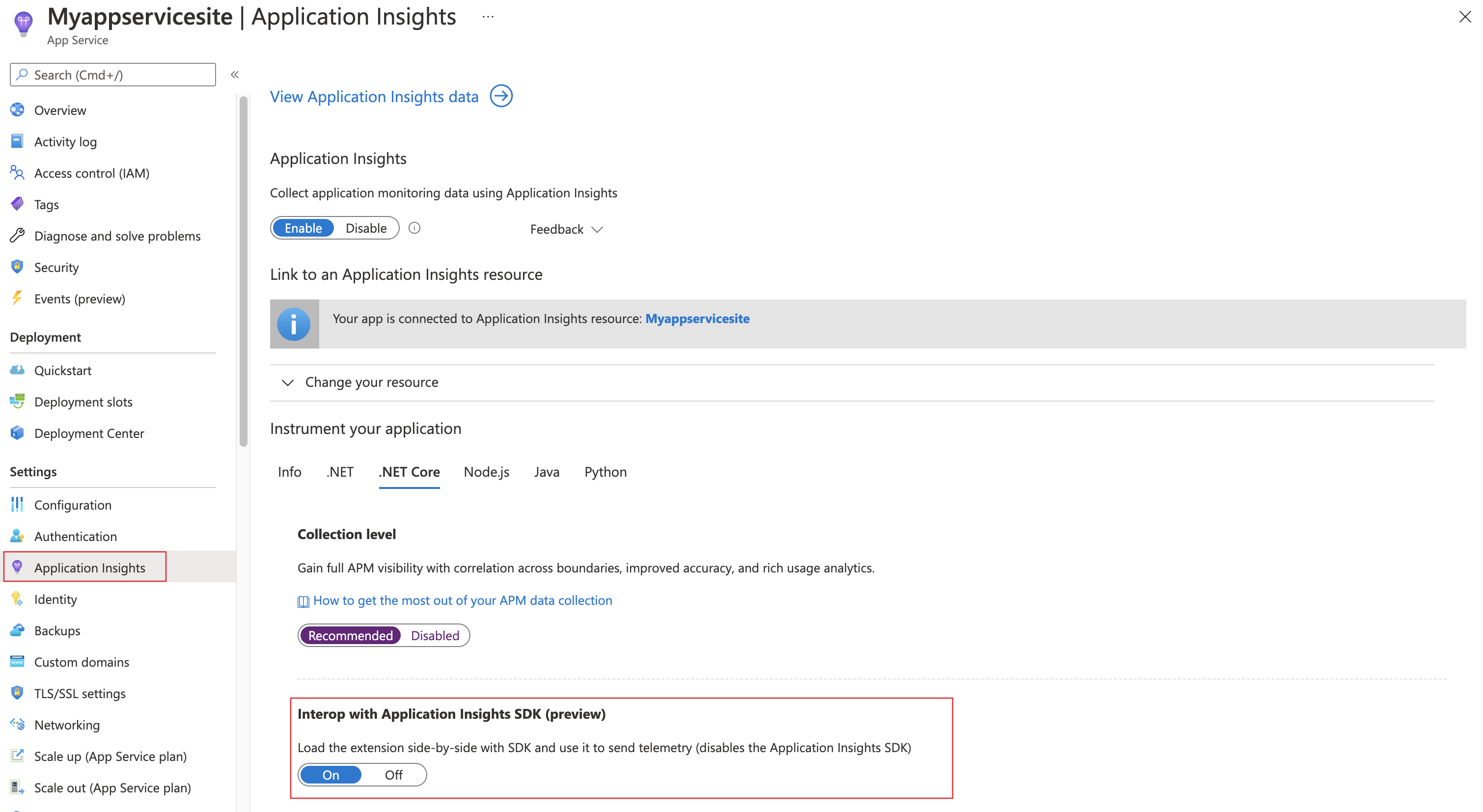 Screenshot der aktivierten Option „Interoperabel mit Application Insights SDK“