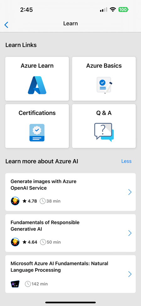 Screenshot: Abschnitte „Lern-Links“ und „Weitere Informationen über Azure KI“ in der mobilen Azure-App