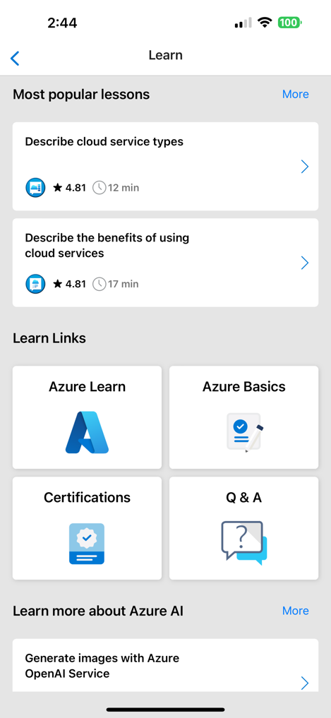 Screenshot: Mobile Azure-App mit den beliebtesten Lektionen aus Microsoft Learn