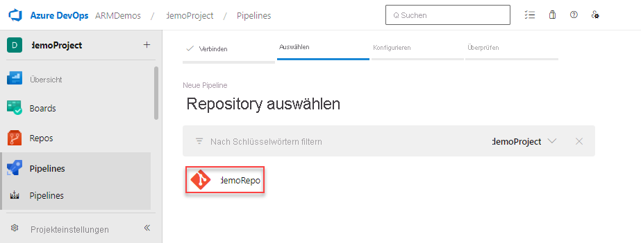 Screenshot der Auswahl des Repositorys.