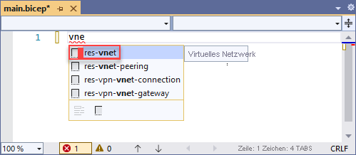 Screenshot: Hinzufügen eines Codeausschnitts für ein virtuelles Netzwerk