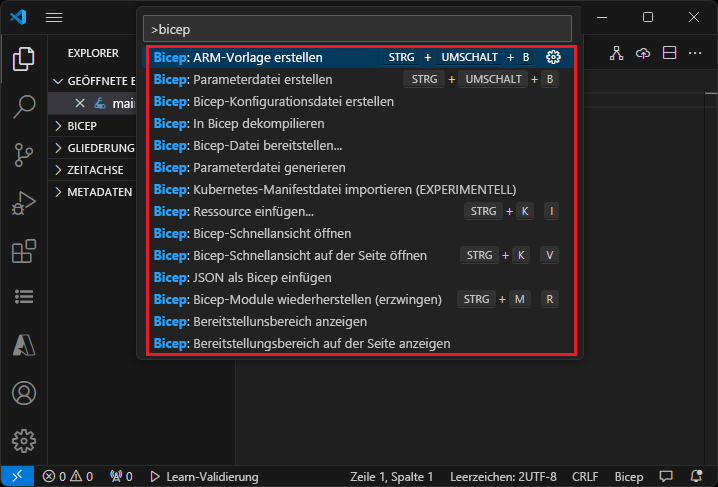 Screenshot von Visual Studio Code-Bicep-Befehlen in der Befehlspalette.