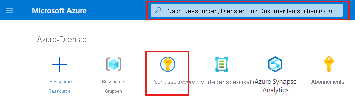 Screenshot: Azure-Homepage zum Öffnen eines Schlüsseltresors über die Suche oder durch Auswählen eines Tresors