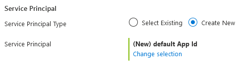 Screenshot: Anfängliche Ansicht von „Microsoft.Common.ServicePrincipalSelector“ mit Standardanwendung oder der Option für die Neuerstellung