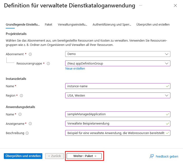 Screenshot der Registerkarte „Grundlagen“ im Formular zum Erstellen einer Dienstkatalogdefinition. 