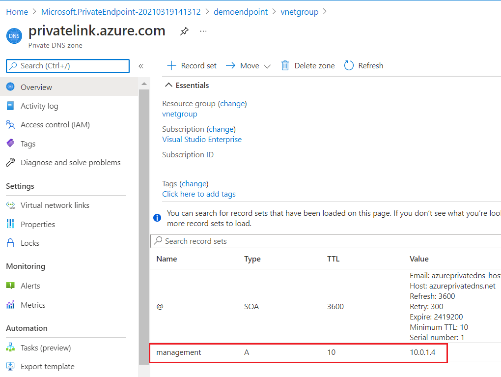 Screenshot: Im Azure-Portal wird die private DNS-Zonenressource mit dem Ressourceneintragssatz namens „management“ und der lokalen IP-Adresse angezeigt.