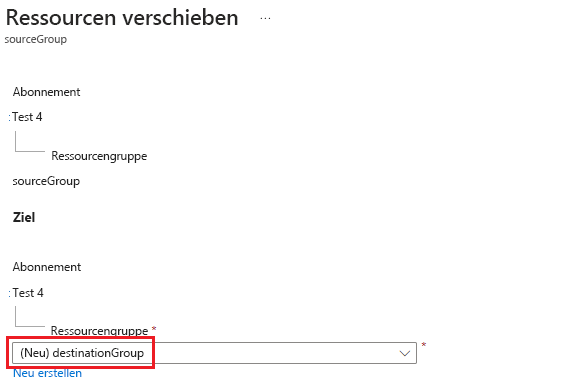 Screenshot: Im Azure-Portal gibt der Benutzer die Zielressourcengruppe für den Verschiebevorgang an.