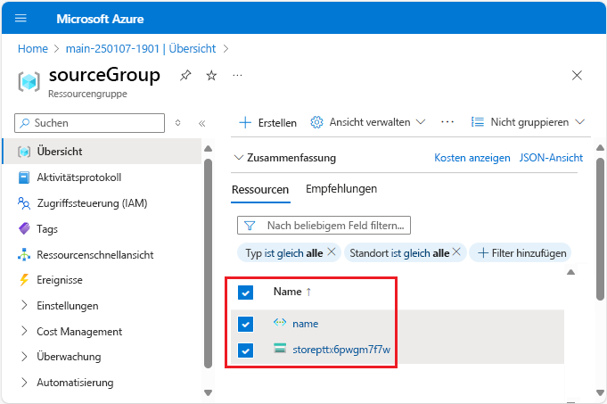 Screenshot: Im Azure-Portal wird die zu verschiebende Ressource ausgewählt.