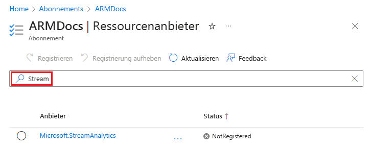 Screenshot: Suchen von Ressourcenanbietern im Azure-Portal