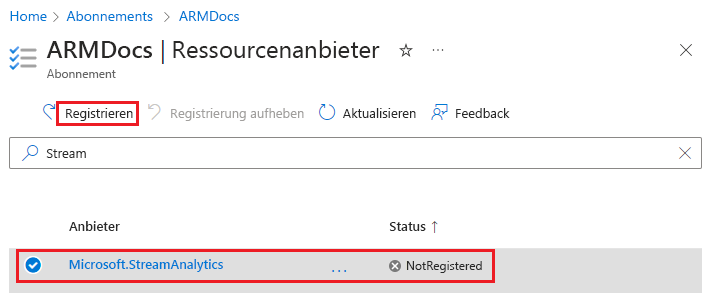 Screenshot: Registrieren eines Ressourcenanbieters im Azure-Portal