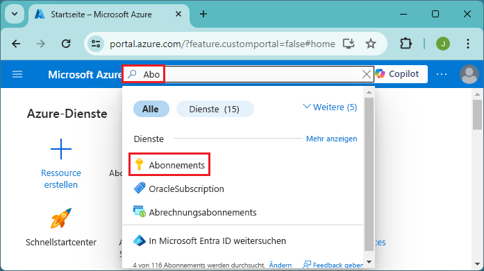 Screenshot: Suchen nach Abonnements im Azure-Portal