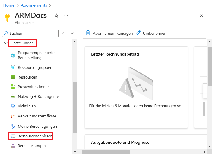 Screenshot: Auswählen von Ressourcenanbietern im Azure-Portal