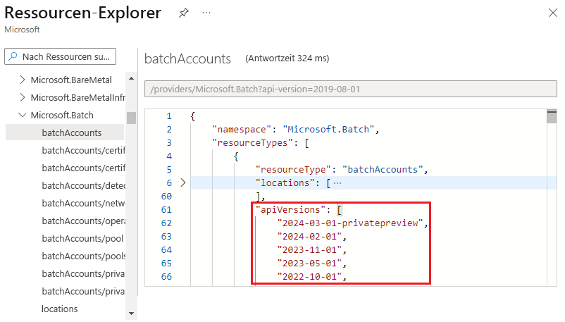 Screenshot: Anzeigen von gültigen API-Versionen für einen Ressourcentyp im Azure-Ressourcen-Explorer