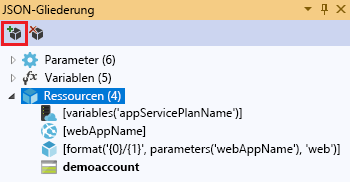 Screenshot des Fensters „JSON-Gliederung“ mit der Option „Neue Ressource hinzufügen“ hervorgehoben.