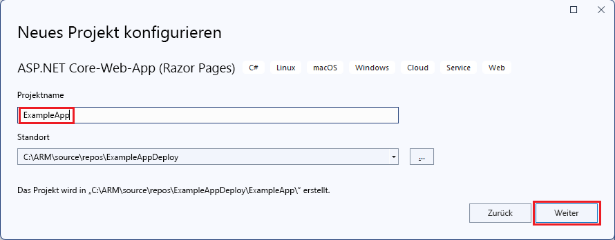 Screenshot des Fensters „Projekt benennen“ für die ASP.NET Core-Webanwendung.