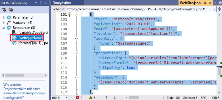 Screenshot des Visual Studio-Editors mit ausgewähltem Element im Fenster „JSON-Gliederung“.