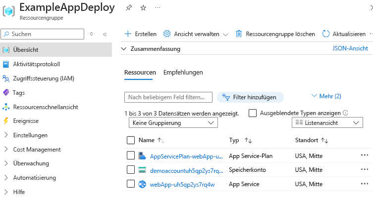 Screenshot des Azure-Portals, das die bereitgestellten Ressourcen in einer Ressourcengruppe anzeigt.