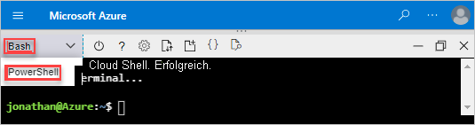 Screenshot: Option zur Auswahl von Bash oder PowerShell in Cloud Shell