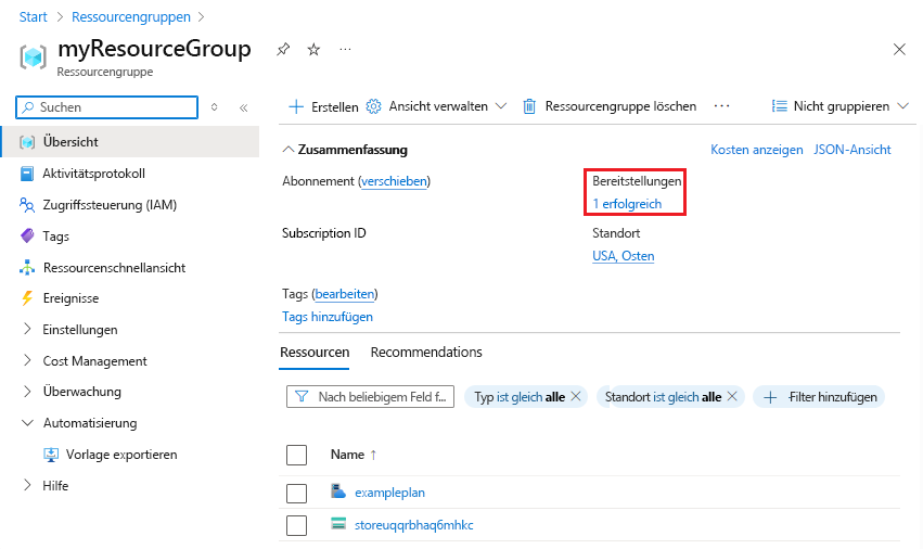 Screenshot der Auswahl des Bereitstellungsverlaufs im Azure-Portal.