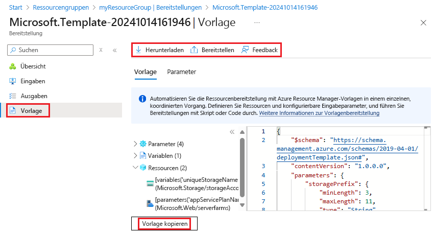 Screenshot der Auswahl der Vorlage, die für eine bestimmte Bereitstellung verwendet wurde, im Azure-Portal.