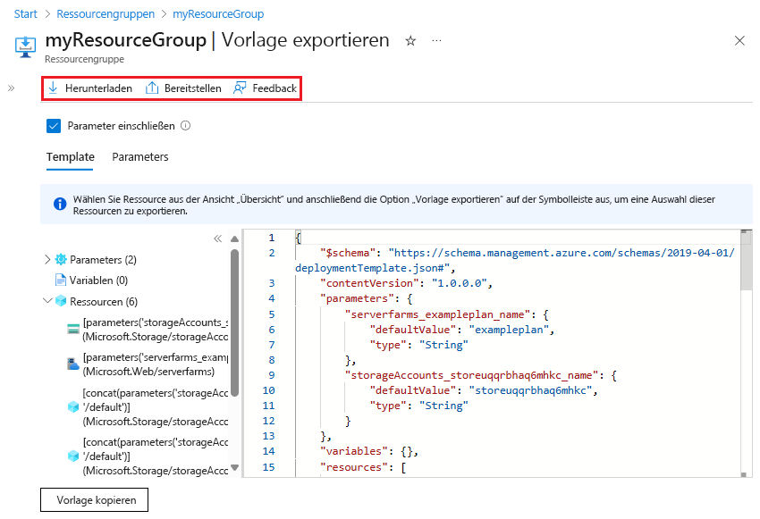 Screenshot der angezeigten exportierten Vorlage im Azure-Portal.