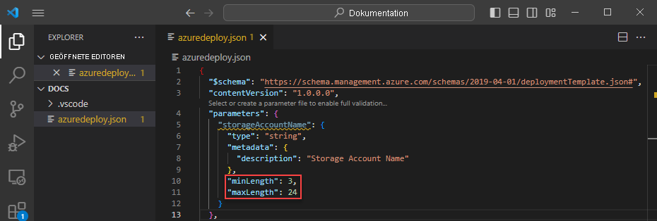 Screenshot: Hinzufügen von „minLength“ und „maxLength“ zu einem ARM-Vorlagenparameter