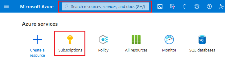 Screenshot: Azure-Portal mit hervorgehobenem Suchfeld und Abonnements.