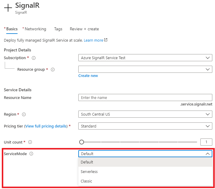 Azure-Portal: Auswählen des Dienstmodus beim Erstellen einer SignalR Service-Ressource