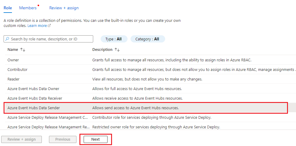 Screenshot des Auswählens der Rolle „Azure Event Hubs-Datensender“