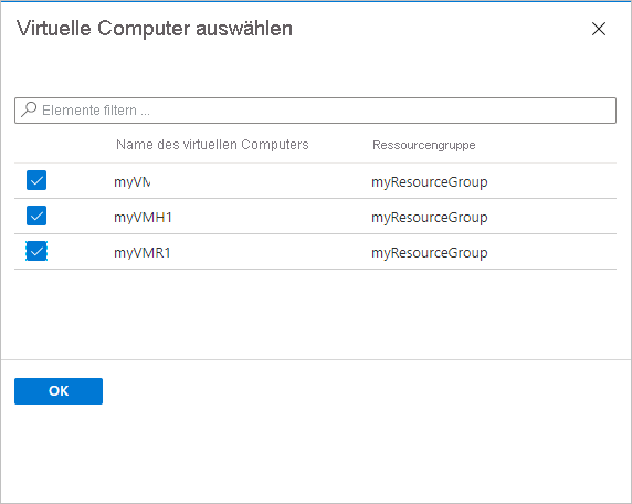 Screenshot des Blatts „Virtuelle Computer auswählen“.