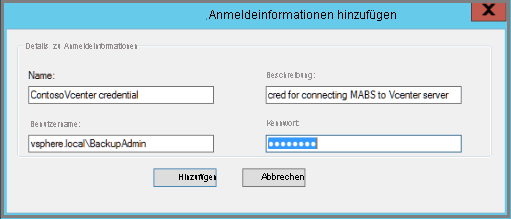 Screenshot shows the Azure Backup Server Add Credential dialog box.