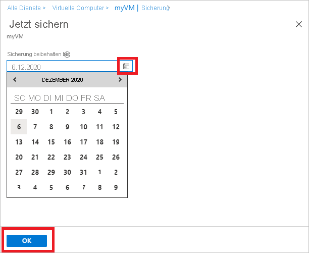 Screenshot mit Kalender für „Jetzt sichern“