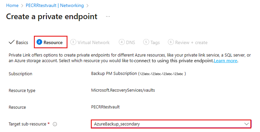 Screenshot, der zeigt, wie Sie die Unterressource als „AzureBackup_Secondary“ auswählen.