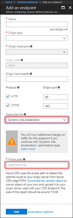 Screenshot des Erstellens eines neuen Content Delivery Network-Endpunkts mit DSA