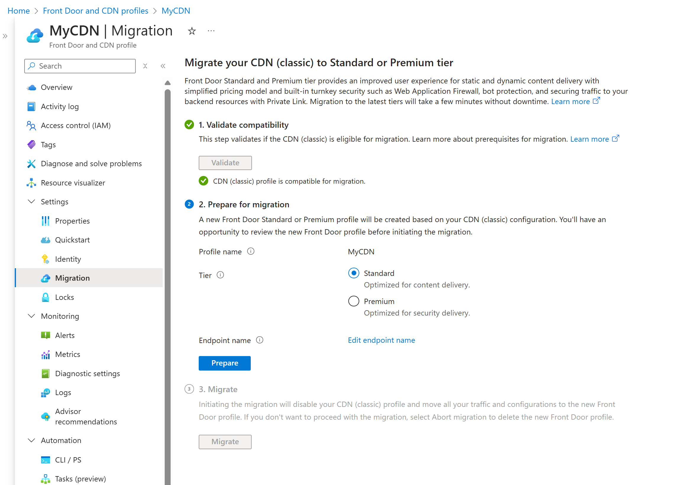 Screenshot: Abschnitt zum Überprüfen der Kompatibilität der Seite „Migration“