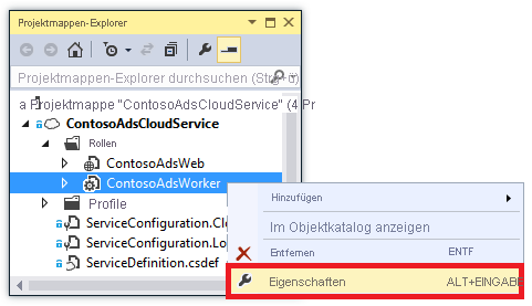 Screenshot: Hervorhebung der Menüoption „Eigenschaften“